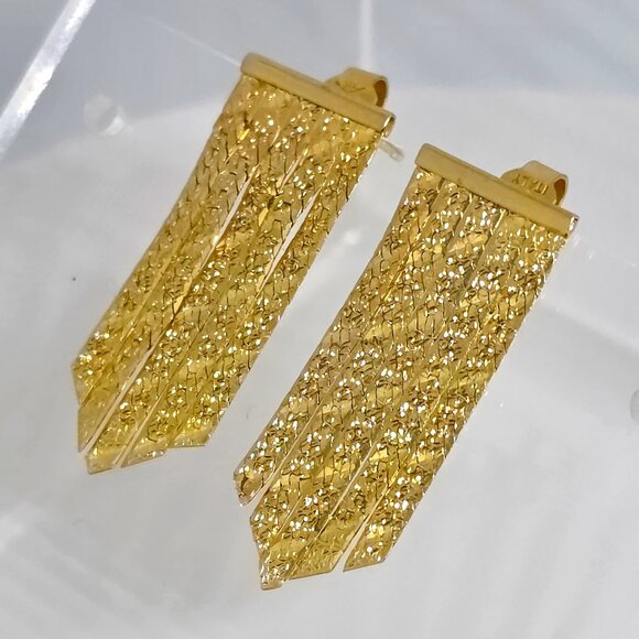 Vintage 14k Herringbone Chain Floral Pattern Chevron Dangle Italy Earrings - Picture 6 of 15